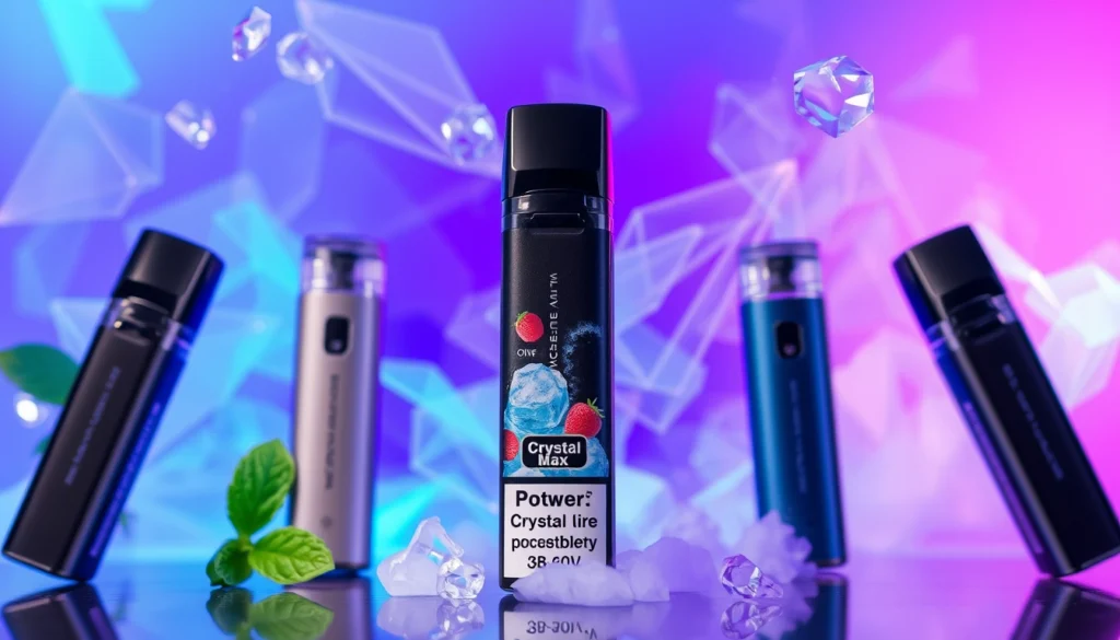 Close-up of a crystal vape 6000 puffs device showcasing its vibrant flavors and sleek design, perfect for users seeking a long-lasting vaping experience.